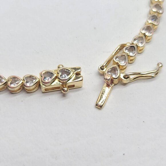 Gold plated heart tennis bracelet w clear crystals, 7in, Christmas holiday gift - Picture 6 of 9